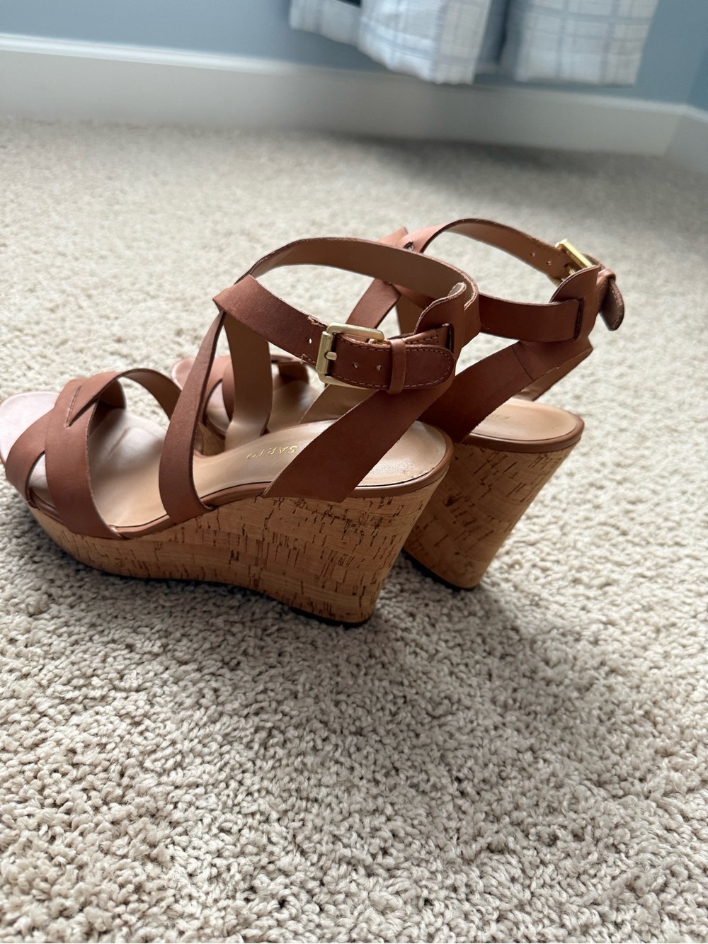 Franco Sarto Brown Cork Wedge Sandals with Ankle Buckle